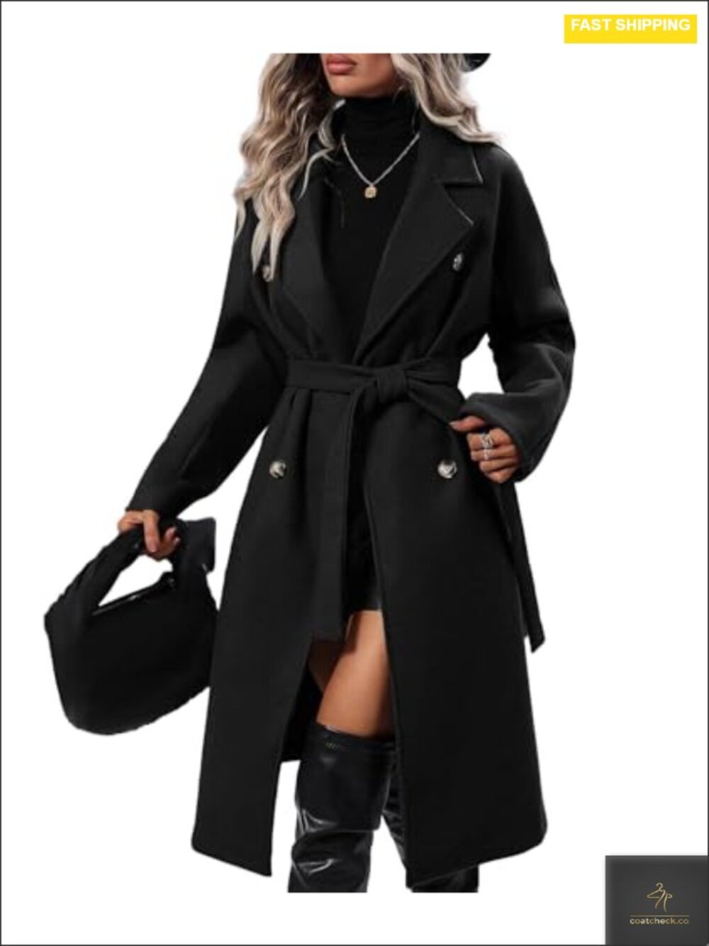Women Double Breasted Wool Pea Coat Long Trench Notch Lapel Belted